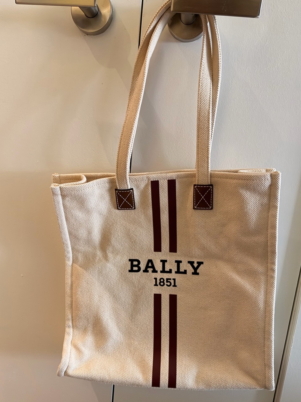 Bally Canvas Tote in Cream with Burgundy Stripes
